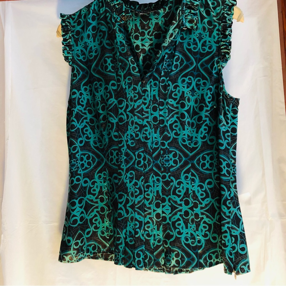 ETCETERA Silk Shirt Size 6 Green Black Blouse Sleeveless Pleaded Ruffles V Neck